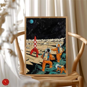 May include: A framed painting depicts a retro space scene. Two astronauts in orange suits explore a lunar landscape with a red and white rocket. A small dog in an orange suit accompanies them under a starry night sky with a blue planet.