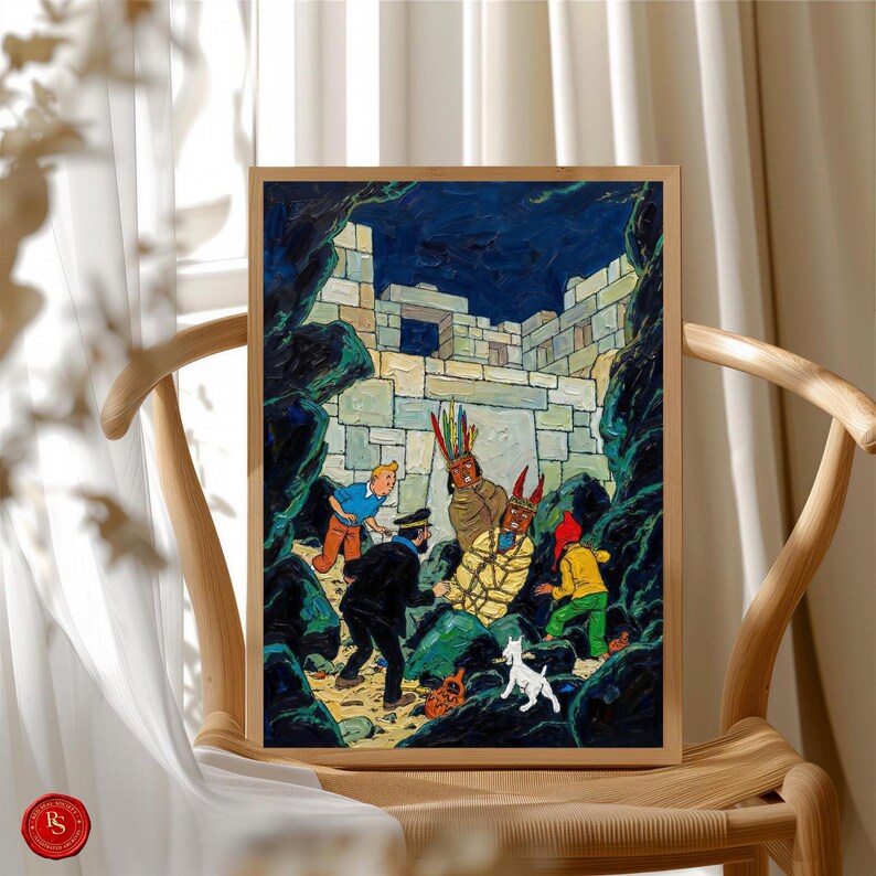 May include: A framed print of a comic book illustration featuring a group of characters in an ancient setting. The artwork depicts a scene with figures in colorful attire, a white dog, and a stone structure under a dark sky. The frame is made of wood.