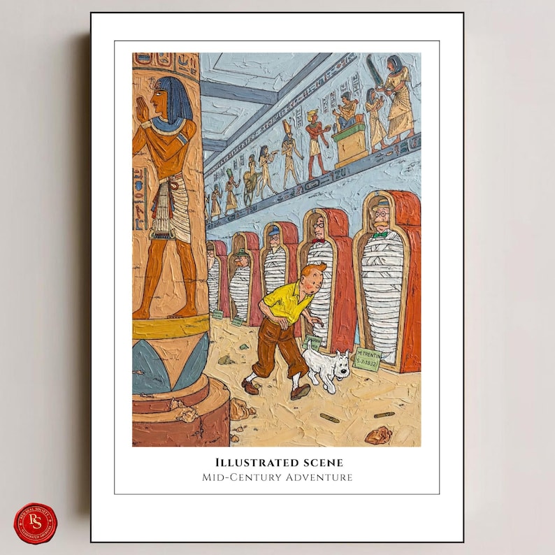 May include: An illustrated scene of a mid-century adventure set in an Egyptian tomb. The artwork shows a character in a yellow shirt and brown trousers, with a white dog, exploring the tomb. The scene includes mummies and hieroglyphics.