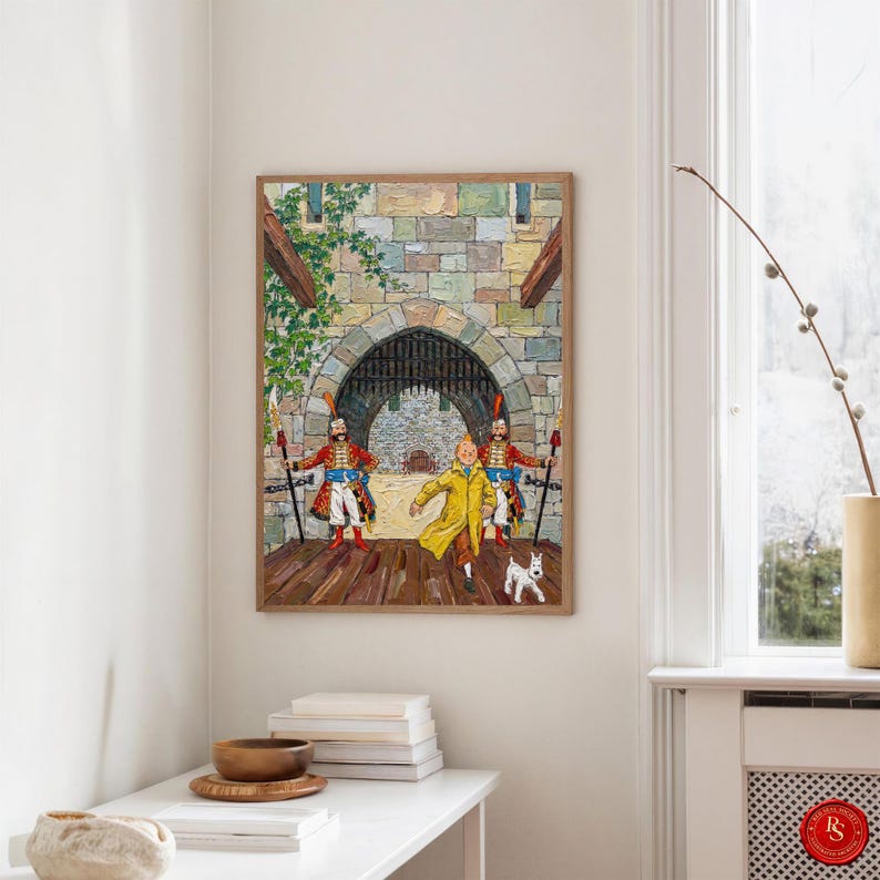 May include: A framed print of a colorful illustration depicting a scene with figures in historical attire, a yellow-coated character, and a white dog running through an archway. The artwork is set against a stone wall background.