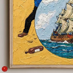 May include: Oil painting of a ship at sea, with a person's legs and a bottle on a yellow textured surface. The ship has white sails and is sailing on blue water. The painting is framed in a light-colored wooden frame.
