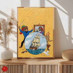 May include: Framed artwork featuring a nautical scene with a sailing ship in a blue circle, a man with a sword, and a dog. The background is textured yellow, with a framed portrait and figures in the scene. The artwork is displayed on a wooden surface.