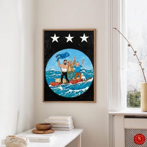 May include: A framed art print depicts a nautical scene with three figures on a raft in a blue ocean. The artwork features a black background with three white stars at the top. The figures are waving, and a small white dog is present.