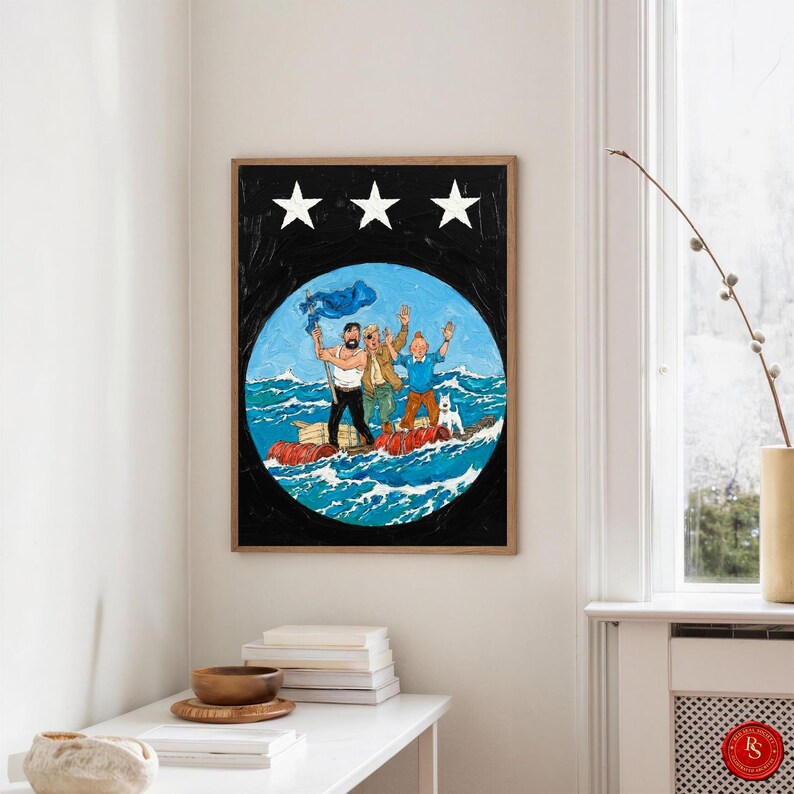 May include: A framed art print depicts a nautical scene with three figures on a raft in a blue ocean. The artwork features a black background with three white stars at the top. The figures are waving, and a small white dog is present.