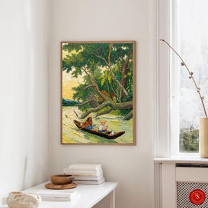May include: A framed painting depicts a river scene with two people in a wooden boat. Lush green trees and foliage surround the river, with a yellow and orange sky in the background. The artwork is displayed on a white wall.