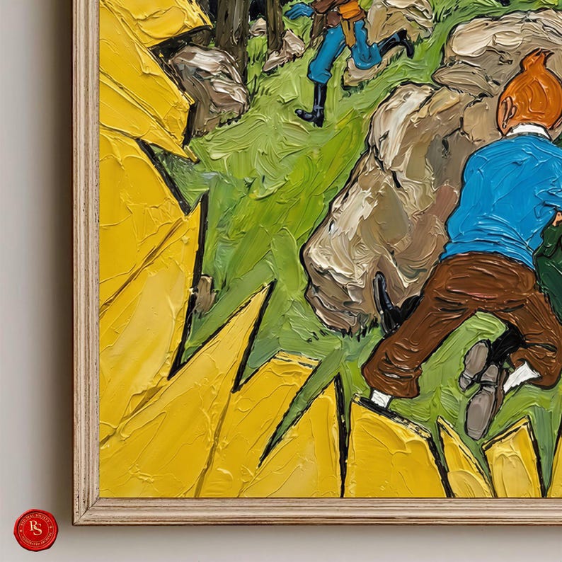 May include: Oil painting of a scene with three figures in a landscape. The artwork features a vibrant palette of yellow, green, brown, and blue. The painting is framed in a light-colored wooden frame.
