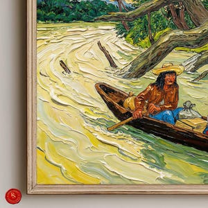 May include: Oil painting of a person in a boat on a yellow river, framed in a light wood frame. The person wears a brown jacket and hat, with blue pants. The river flows through a green forest.