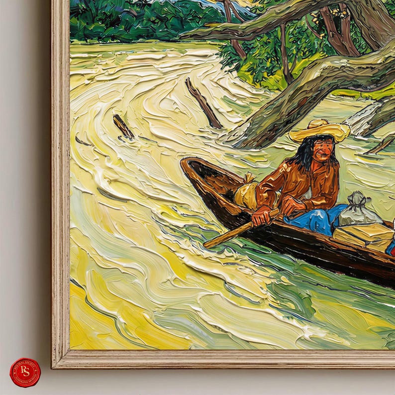 May include: Oil painting of a person in a boat on a yellow river, framed in a light wood frame. The person wears a brown jacket and hat, with blue pants. The river flows through a green forest.