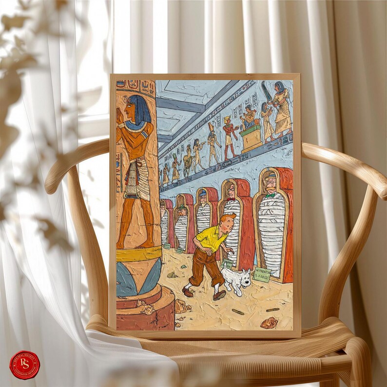 May include: A framed print of a comic book scene. It shows a young man in a yellow shirt and brown trousers, with a white dog, in an ancient Egyptian tomb. The print is set in a wooden frame, and the artwork has a cartoon style.