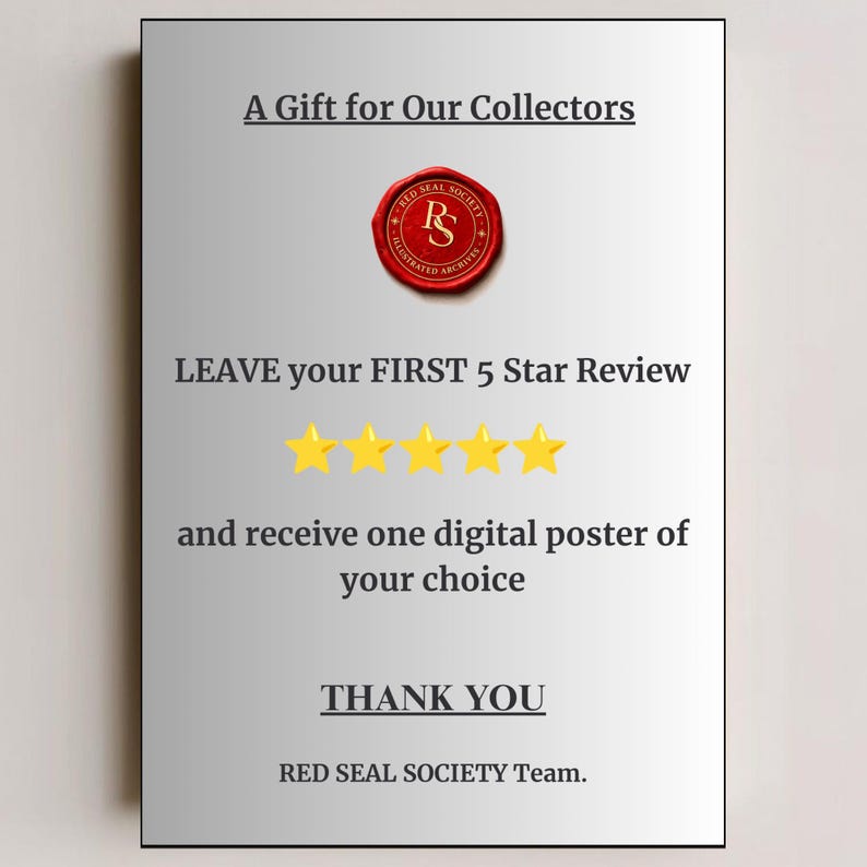 May include: A silver-toned poster with black text that reads "A Gift for Our Collectors." It features a red seal with gold lettering and five gold stars. The text encourages a 5-star review for a digital poster.