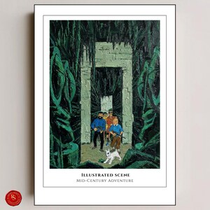 May include: An illustrated print depicting a mid-century adventure scene. The artwork features a group of figures exploring a stone structure, accompanied by a white dog. The scene is framed by lush green foliage. The text "ILLUSTRATED SCENE MID-CENTURY ADVENTURE" is at the bottom.
