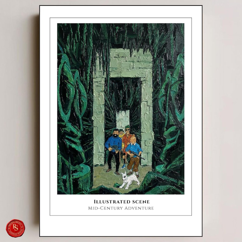May include: An illustrated print depicting a mid-century adventure scene. The artwork features a group of figures exploring a stone structure, accompanied by a white dog. The scene is framed by lush green foliage. The text "ILLUSTRATED SCENE MID-CENTURY ADVENTURE" is at the bottom.