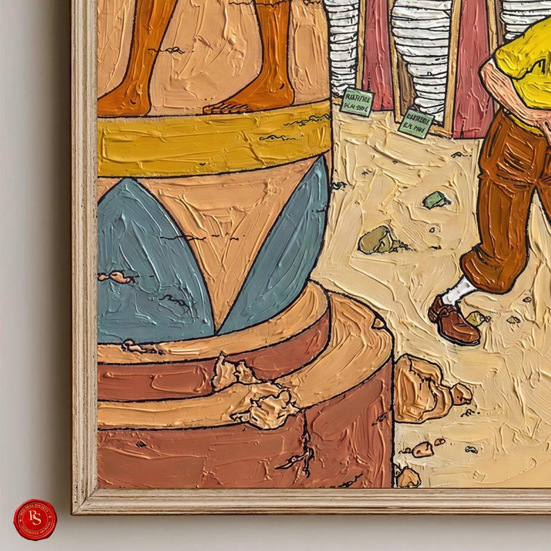 May include: Oil painting on canvas showing a stylized scene with figures and architectural elements. The artwork uses warm earth tones, blues, and yellows, with visible brushstrokes. The painting is framed in a light-coloured wooden frame.