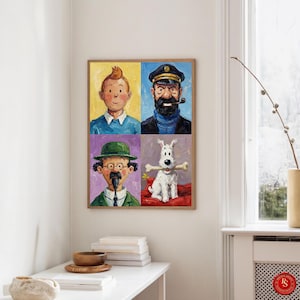 May include: A framed artwork featuring four portraits of characters from a comic series. The top left shows a young man with orange hair, the top right a man with a beard. The bottom left shows a man with a green hat and the bottom right a white dog with a bone.