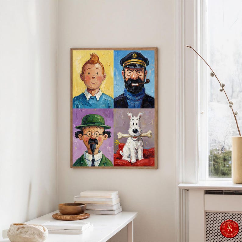 May include: A framed artwork featuring four portraits of characters from a comic series. The top left shows a young man with orange hair, the top right a man with a beard. The bottom left shows a man with a green hat and the bottom right a white dog with a bone.
