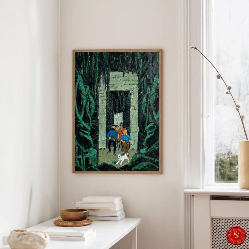May include: A framed art print depicting a scene with figures in a jungle setting. The artwork features a group of people, a white dog, and a stone structure. The color palette includes greens, blues, and browns.