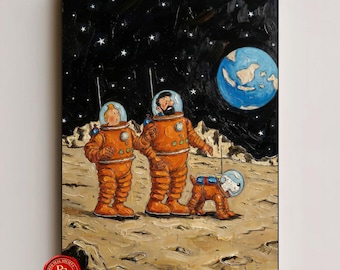 Tintin Wall Art – Lunar Expedition With Friends – Vintage Comic Art Print – Painterly Style