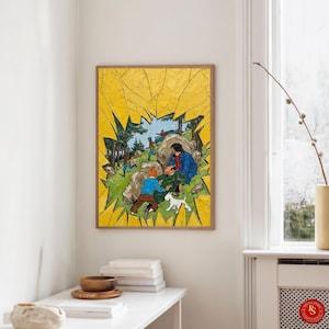 May include: A framed painting with a yellow background and a comic book style illustration. The artwork depicts a group of people in a forest setting, with a white dog in the foreground. The painting is displayed on a white wall.