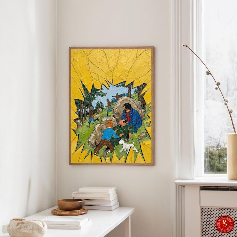 May include: A framed painting with a yellow background and a comic book style illustration. The artwork depicts a group of people in a forest setting, with a white dog in the foreground. The painting is displayed on a white wall.