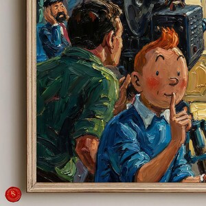 May include: Oil painting of a scene with a young boy with red hair and a blue shirt, holding a finger to his lips. Two men are in the background, one in a green shirt. The artwork is framed in a light-colored wooden frame.