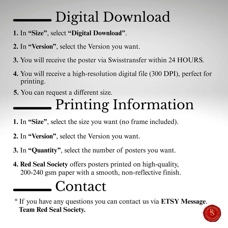 May include: A white informational graphic with black text detailing digital download and printing instructions. The text includes steps for selecting sizes and versions, and information about high-resolution files and paper quality.