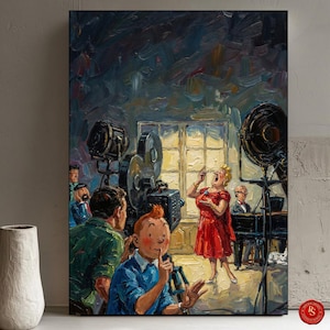 May include: An oil painting depicts a film set with a woman in a red dress singing. Tintin is in the foreground, with a finger to his lips. Film equipment and crew members are visible, with a window in the background.