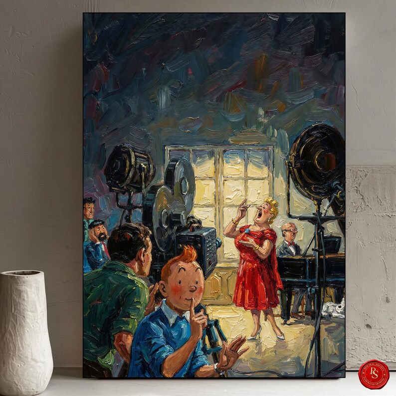 May include: An oil painting depicts a film set with a woman in a red dress singing. Tintin is in the foreground, with a finger to his lips. Film equipment and crew members are visible, with a window in the background.