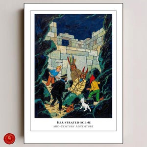May include: An illustrated print depicting a mid-century adventure scene. The artwork features a group of characters in a cave, with a white dog, and text that reads "Illustrated Scene" and "Mid-Century Adventure". The color palette includes blues, greens, and browns.