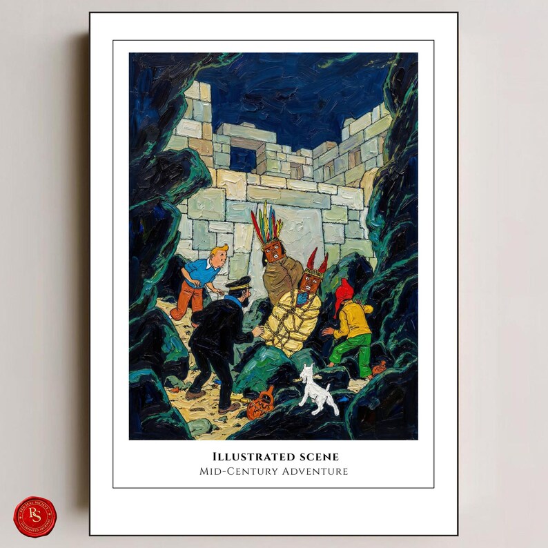 May include: An illustrated print depicting a mid-century adventure scene. The artwork features a group of characters in a cave, with a white dog, and text that reads "Illustrated Scene" and "Mid-Century Adventure". The color palette includes blues, greens, and browns.