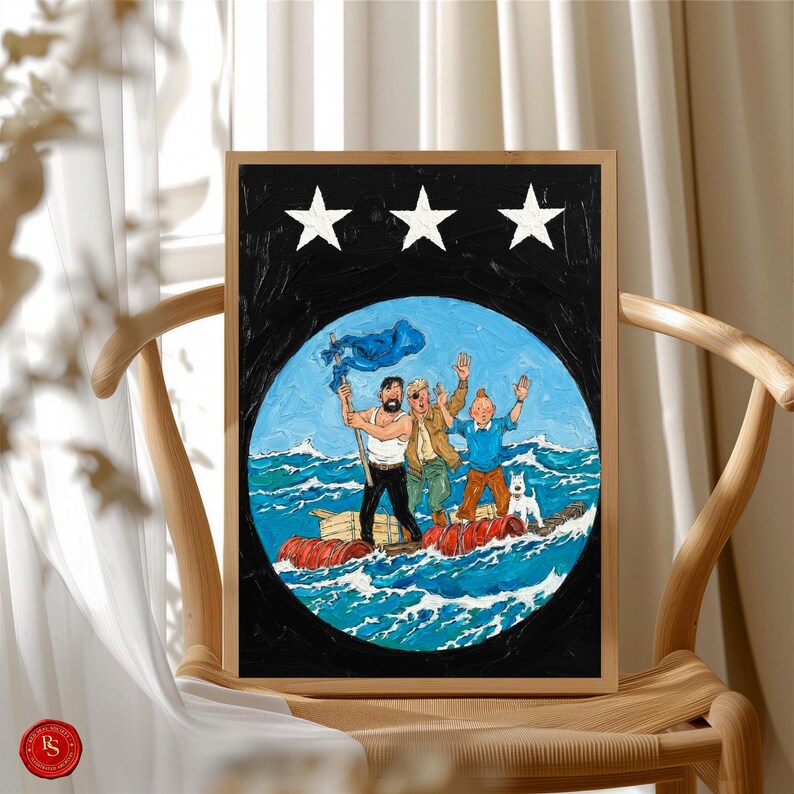 May include: A framed painting depicting a group of people on a raft at sea, with a white dog. The artwork features a black background with three white stars at the top. The painting is set in a wooden frame.