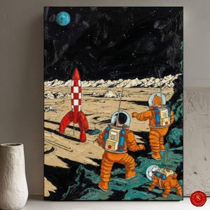 May include: An oil painting depicts a retro space scene with a red and white rocket, astronauts in orange suits, and a dog-like robot. The background shows a dark sky with stars and a blue planet. The artwork has a vintage, comic book style.