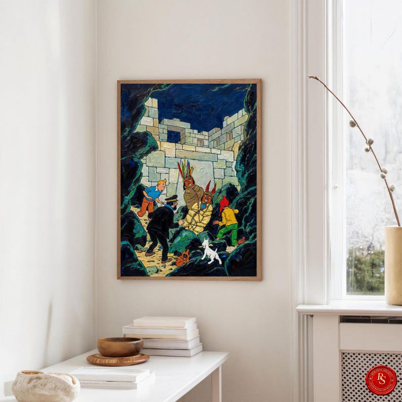 May include: A framed print of a comic book illustration featuring a group of characters in a cave setting. The artwork has a vintage style with a dark blue and green color palette. A white dog is in the foreground.