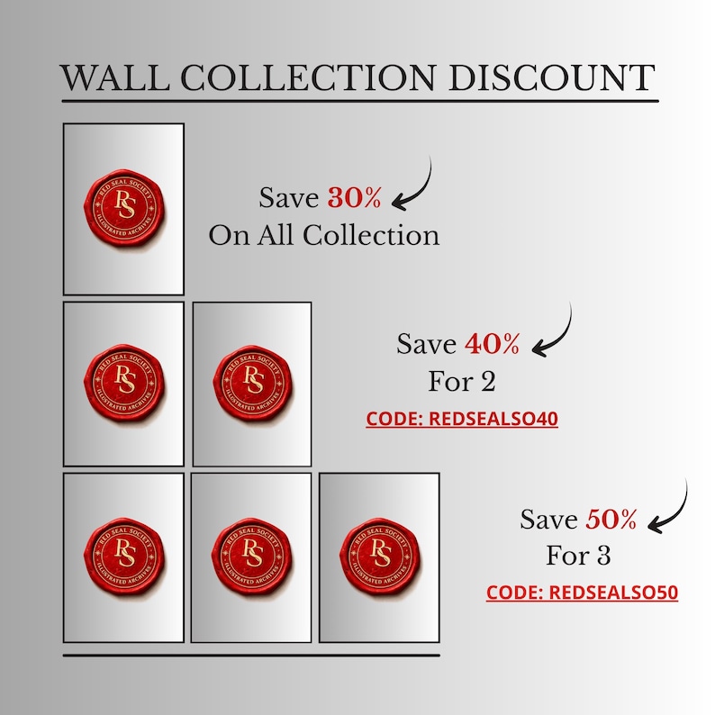 May include: A promotional graphic for a wall collection, featuring red circular seals with the text "RS" inside. The graphic advertises discounts: Save 30% on all collections, 40% for 2, and 50% for 3, with corresponding codes.