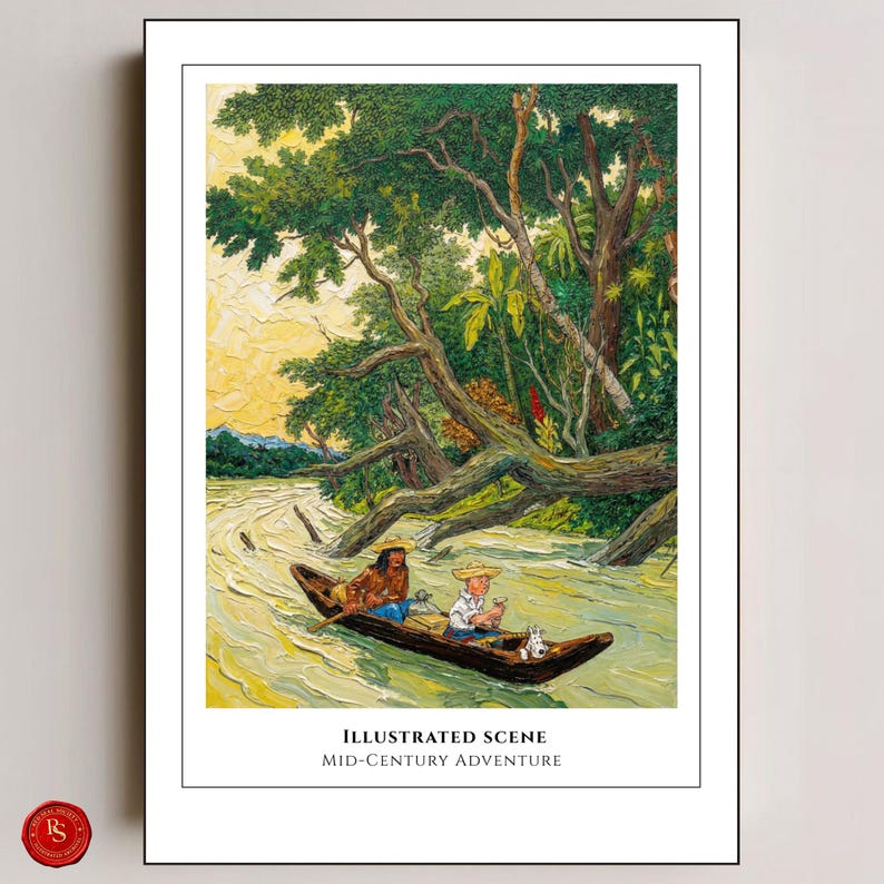 May include: An illustrated print of a mid-century adventure scene. The artwork depicts two people in a wooden boat on a river, surrounded by lush green trees. The print includes the text "ILLUSTRATED SCENE" and "MID-CENTURY ADVENTURE".