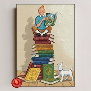 May include: Illustration of a young man with red hair reading a book while sitting atop a stack of books. A white dog stands nearby. The books are various colors, including red, green, and gold. The image has a vintage, artistic style.