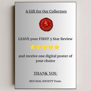May include: A silver poster with black text, including "A Gift for Our Collectors." It features a red seal with gold lettering and five gold stars. The text promotes a 5-star review in exchange for a digital poster.
