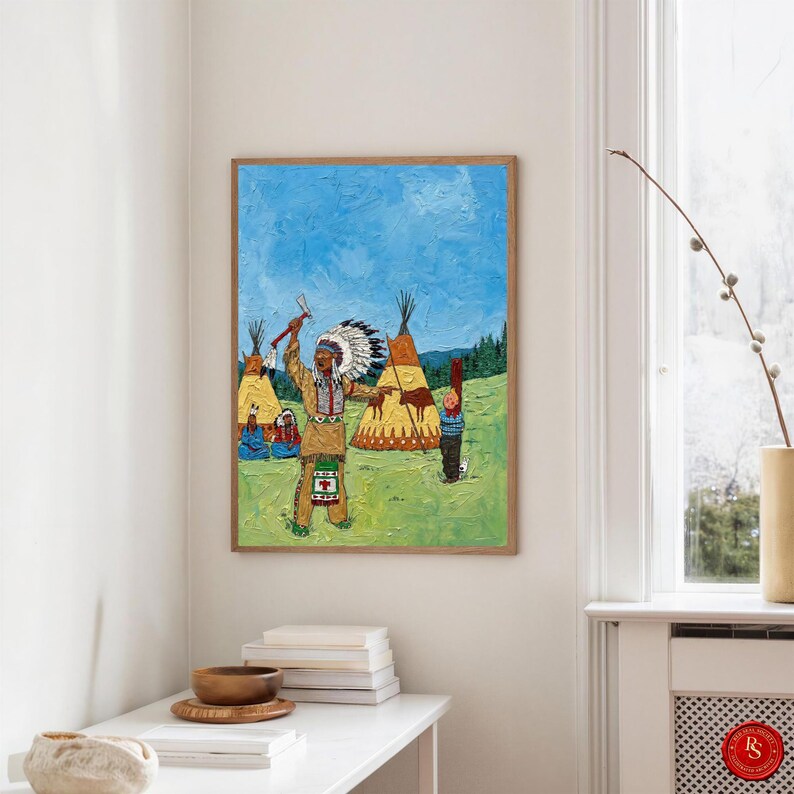 May include: A framed painting depicts a Native American figure in traditional attire, holding a tomahawk, with teepees in the background. The artwork features a vibrant color palette with a blue sky and green landscape.