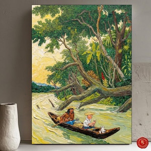 May include: A framed art print depicting a river scene with two people in a wooden boat. The artwork features lush green trees, a yellow sky, and a textured paint style. The boat is in the foreground, with the figures wearing hats. A small white dog is in the boat.