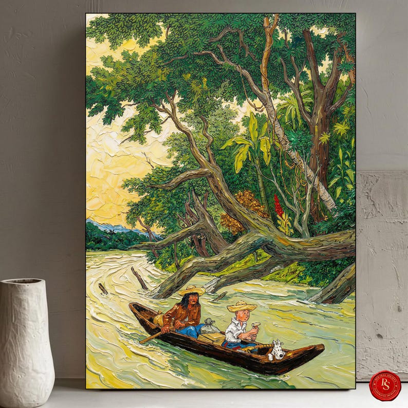 May include: A framed art print depicting a river scene with two people in a wooden boat. The artwork features lush green trees, a yellow sky, and a textured paint style. The boat is in the foreground, with the figures wearing hats. A small white dog is in the boat.