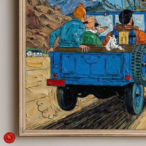 May include: Oil painting of a blue jeep with four figures and a white dog. The figures are wearing jackets and looking out at a mountainous landscape. The painting has a textured, impasto style and is framed in a light-colored wooden frame.