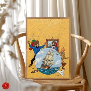 May include: A framed painting with a textured yellow background. The artwork depicts a pirate with a sword, a ship at sea, and a cartoon character. The painting is in a wooden frame and is displayed on a wooden chair.