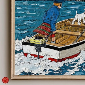 May include: Oil painting of a person in a boat with a white dog. The person wears a blue jacket and a red and green plaid skirt. The boat is white with a red stripe and a yellow motor. The water is blue and white.