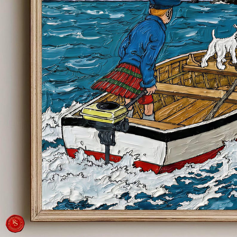 May include: Oil painting of a person in a boat with a white dog. The person wears a blue jacket and a red and green plaid skirt. The boat is white with a red stripe and a yellow motor. The water is blue and white.