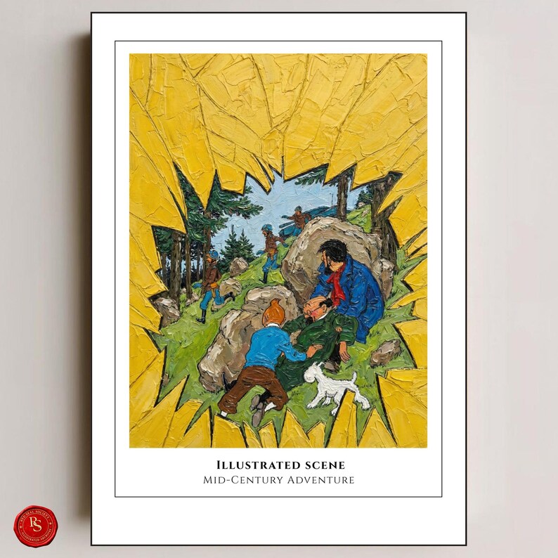 May include: An illustrated scene print with a mid-century adventure theme. The artwork features a group of figures in a forest setting, with a dog and a person lying on the ground. The print is framed with a white border and has text at the bottom.
