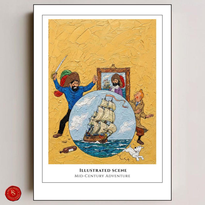 May include: An illustrated scene print with a mid-century adventure theme. The artwork features cartoon characters, a ship, and a textured yellow background. The print includes the text "Illustrated Scene" and "Mid-Century Adventure".
