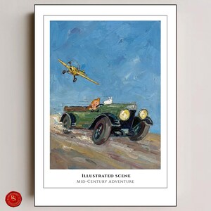 May include: An illustrated mid-century adventure scene. A yellow biplane flies above a green vintage car with passengers. The artwork has a blue sky background and the text "ILLUSTRATED SCENE MID-CENTURY ADVENTURE".