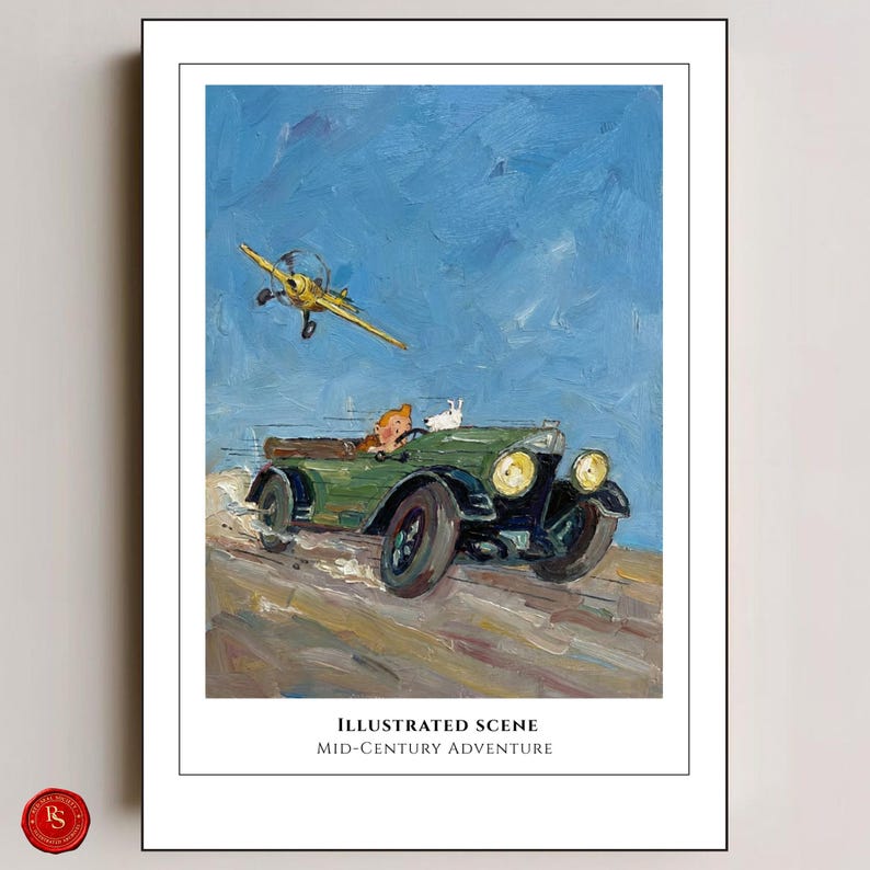May include: An illustrated mid-century adventure scene. A yellow biplane flies above a green vintage car with passengers. The artwork has a blue sky background and the text "ILLUSTRATED SCENE MID-CENTURY ADVENTURE".
