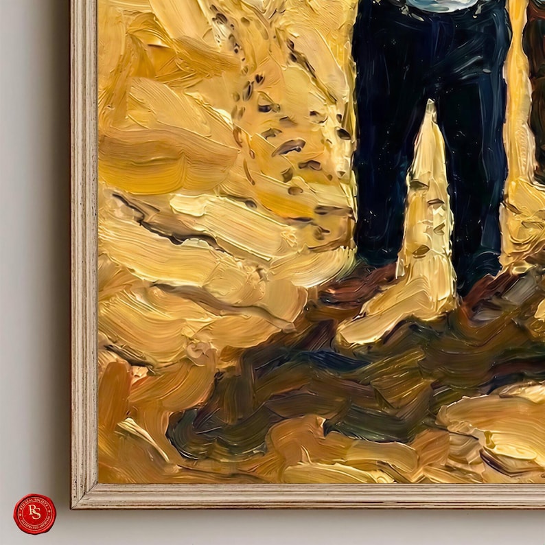 May include: Oil painting of a person standing in a landscape, wearing dark blue pants and a light blue shirt. The artwork features a textured, impasto style with a palette of golden yellows, browns, and blues. The painting is framed in a light-colored wooden frame.