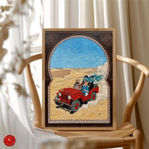 May include: A framed painting depicts a red jeep driving through a desert landscape under a blue sky. The jeep carries several figures. The artwork is framed in a dark brown, ornate border, and is set against a neutral background.
