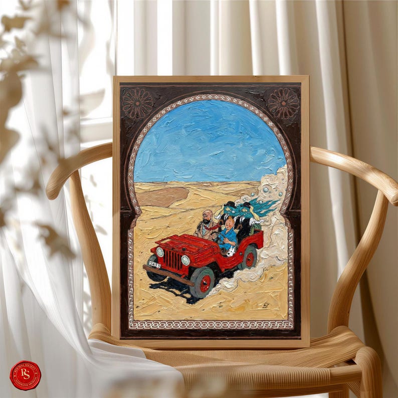 May include: A framed painting depicts a red jeep driving through a desert landscape under a blue sky. The jeep carries several figures. The artwork is framed in a dark brown, ornate border, and is set against a neutral background.